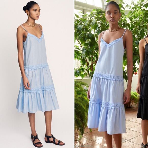 DEREK LAM 10 CROSBY Odile Shirred Tiered Cotton-Poplin Midi Dress Blue 10 NEW - Picture 2 of 13